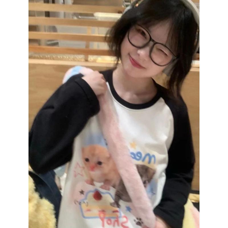 

Kawaii милые толстовки с круглым вырезом и принтом звездного кота, весенние лоскутные женские топы Y2k с длинными рукавами, японские свитшоты милого контрастного цвета