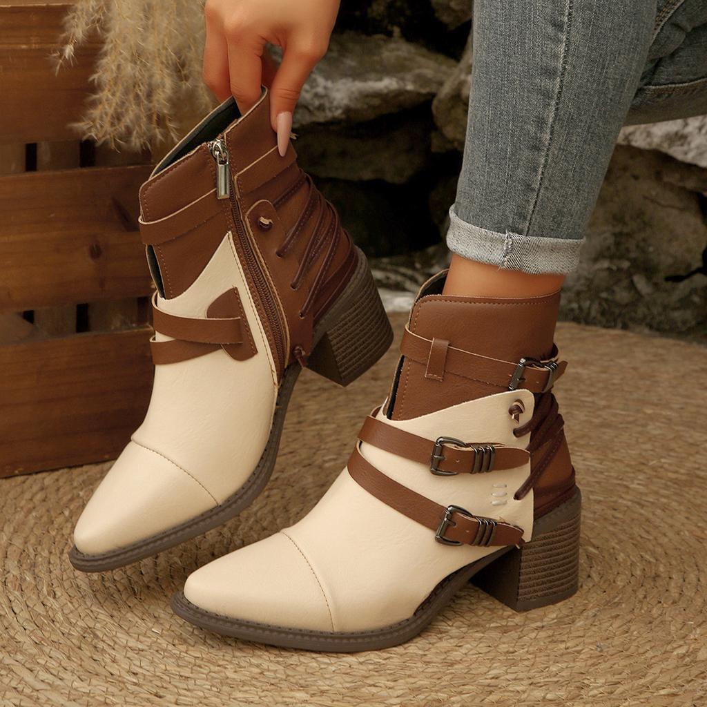 Fashion Comemore Vintage Belt Buckle Short Fashion Boots Women Chunky Heel Side Zipper Women's Shoes Gladiator Knight Botines Femininos
