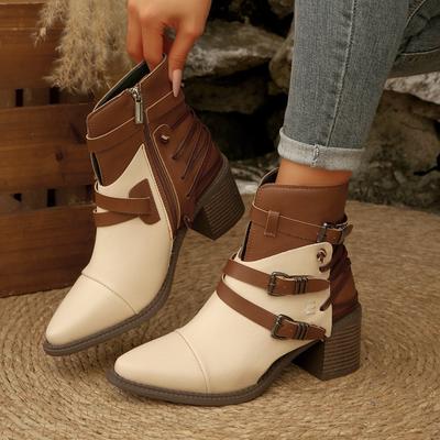 Fashion Western Cowboy Chelsea Boots With Belt Buckle Medium Heel Retro Fashion Short Boots Women's PU Leather Point Toe Ankle Boots