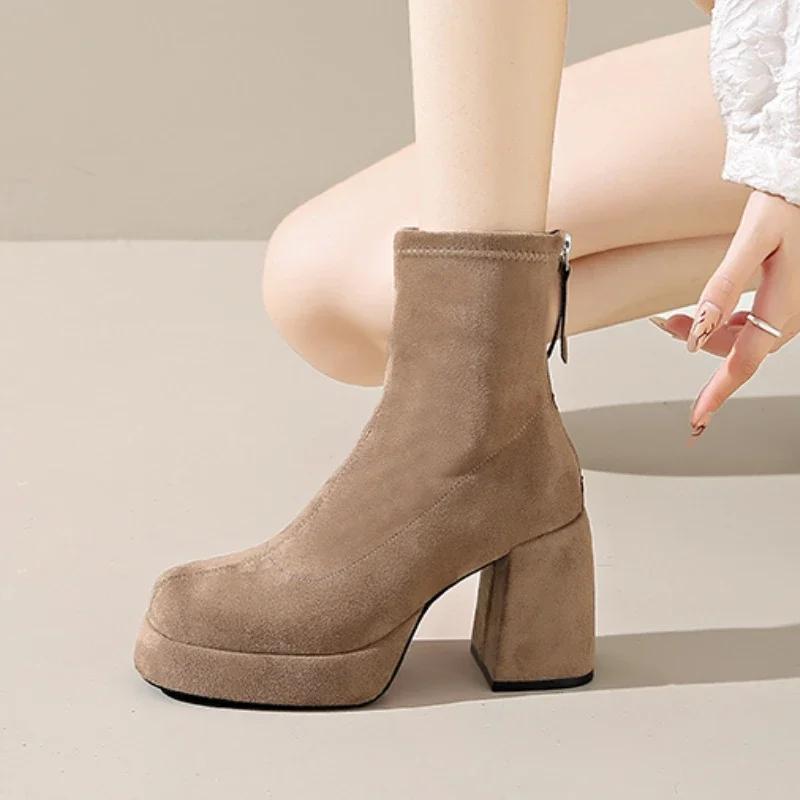 Fashion Suede Super High Heels Women Boots Ankle Chelsea Shoes New Winter Chunky Dress Shoes Party Elegant Pumps Goth Botas Mujer