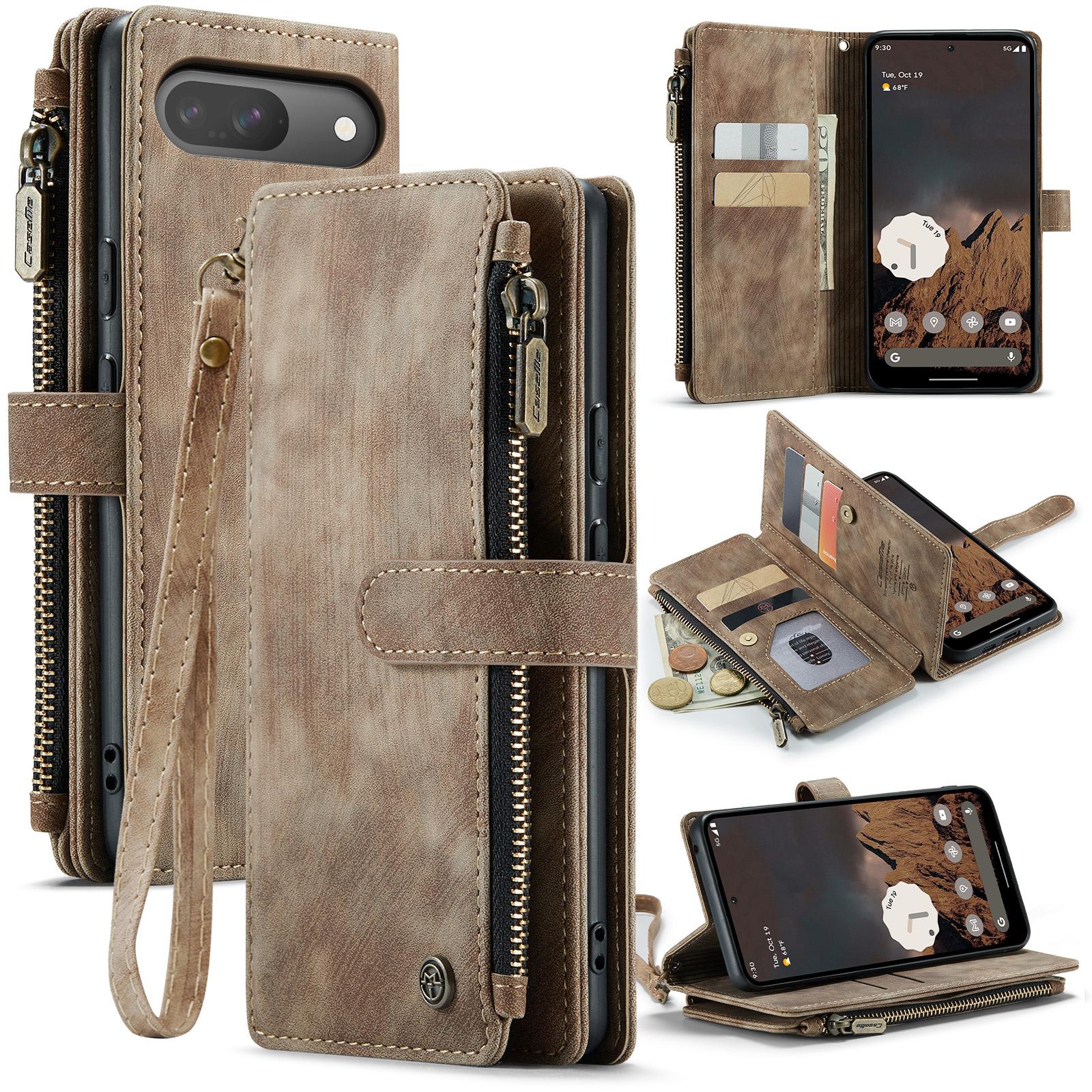 

For Google Pixel 10 Pro/Google Pixel 10 Phone Cases with Strap CASEME C30 Zipper Multiple Card Holder PU Leather Cover Brown