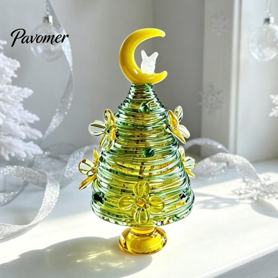 Glass Figurine for Office Glazed Christmas Tree with Star Moon Decor, Rotating Holiday Display Prop Wire Wrapped Desk Mini Tabletop Ornament,