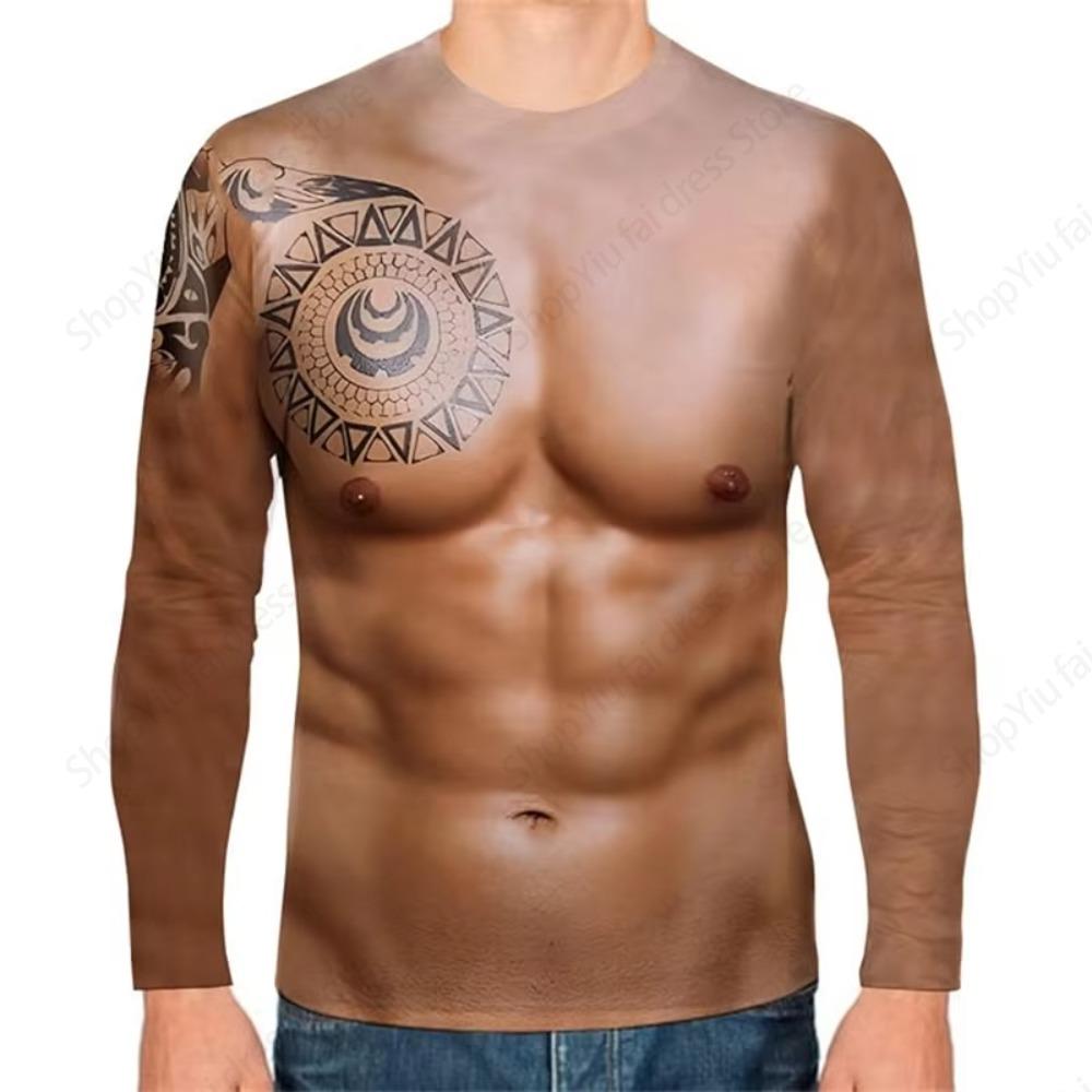 Rundhals Langarm T-Shirt 3D Lustig Muskelkörper Bedruckte T-Shirts Slim Oversized T-Shirt Herren Oberteile Hässliche Brusthaare Oberteile T-Shirts Neu
