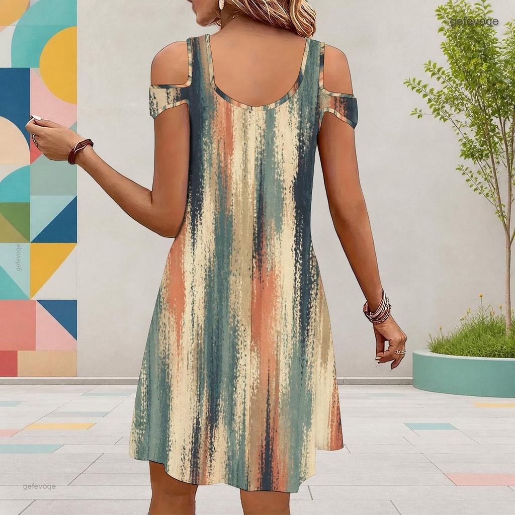 Women Plus Size V Neck Cold Shoulder Short Sleeve Abstract Printed Casual Dress
