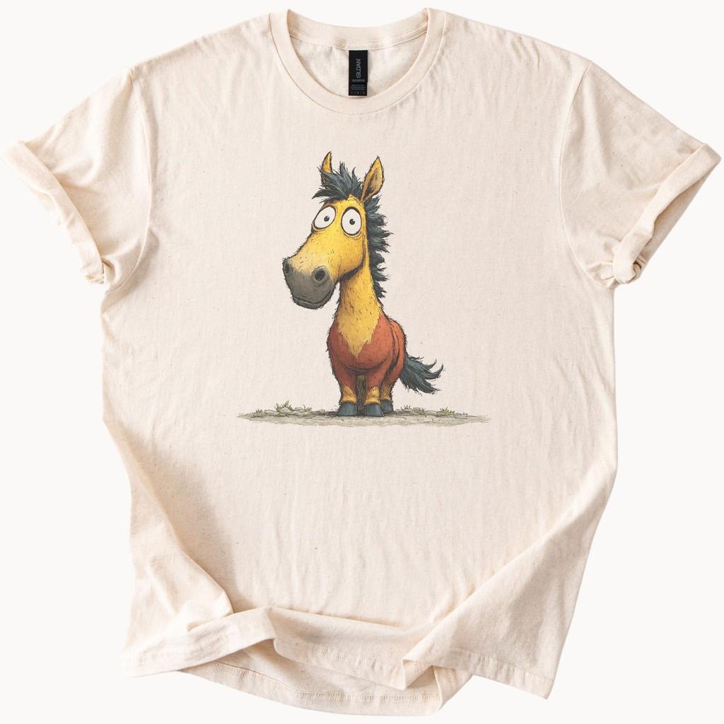 Funny Cartoon Horse Graphic T Shirt Cute Animal Drawing Comical Farm Horsey Tee Unique Hand Drawn Horse Lover Gift Shirt
