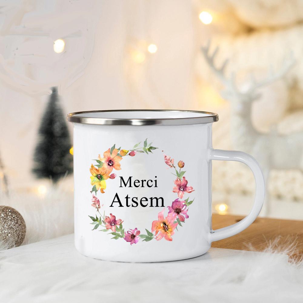 Merci Atsem In France Enamel Mugs Teacher's Day Drink Juice Coffee Dessert Cocoa Milk Handle Mug Festive Birthday Gifts