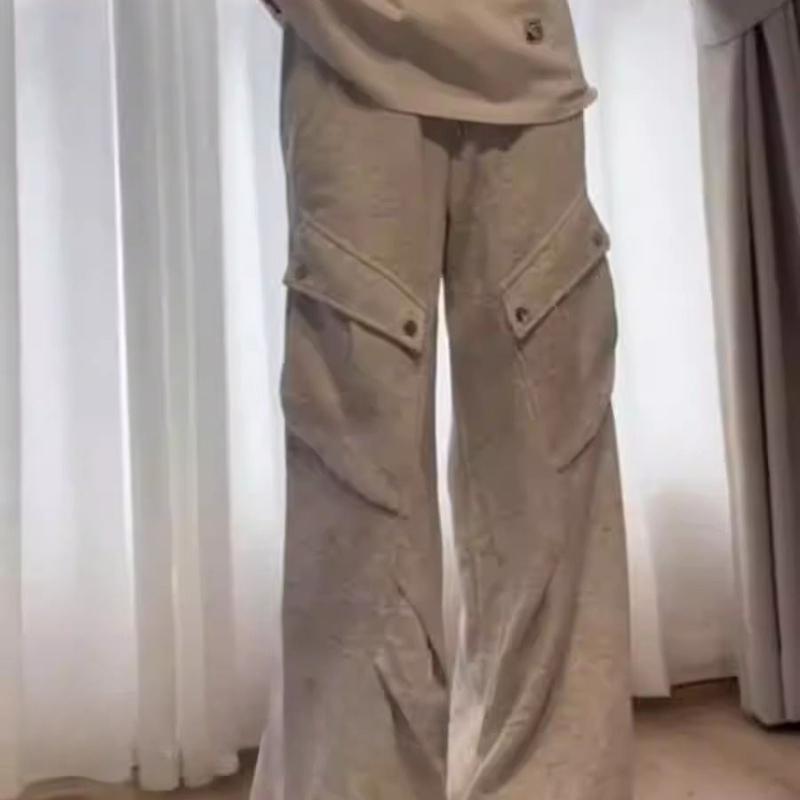 Vintage American High-Street Grey Sweatpants for Women - Spring Loose Straight-Leg Floor-Length Casual Wide-Leg Joggers