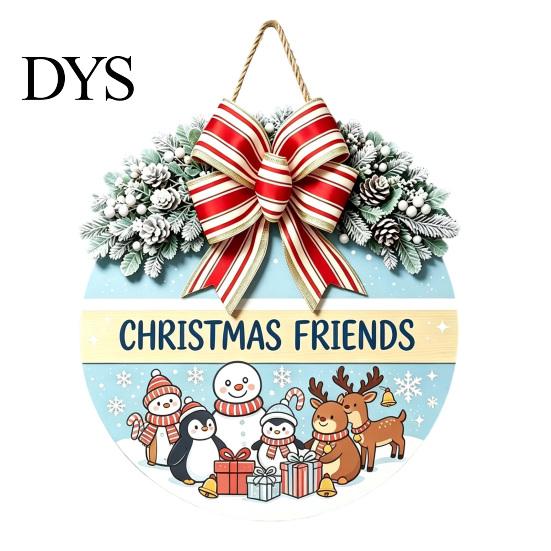 Winter Atmosphere Decor Christmas Wooden Welcome Sign for Front Door, Round Hanging Ornament with Santa Claus Snowman Art Artificial Pine Branches