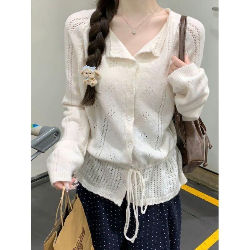 Women S Long Sleeve Knit Sweater With Waist Tie Hollow Out Fashionable