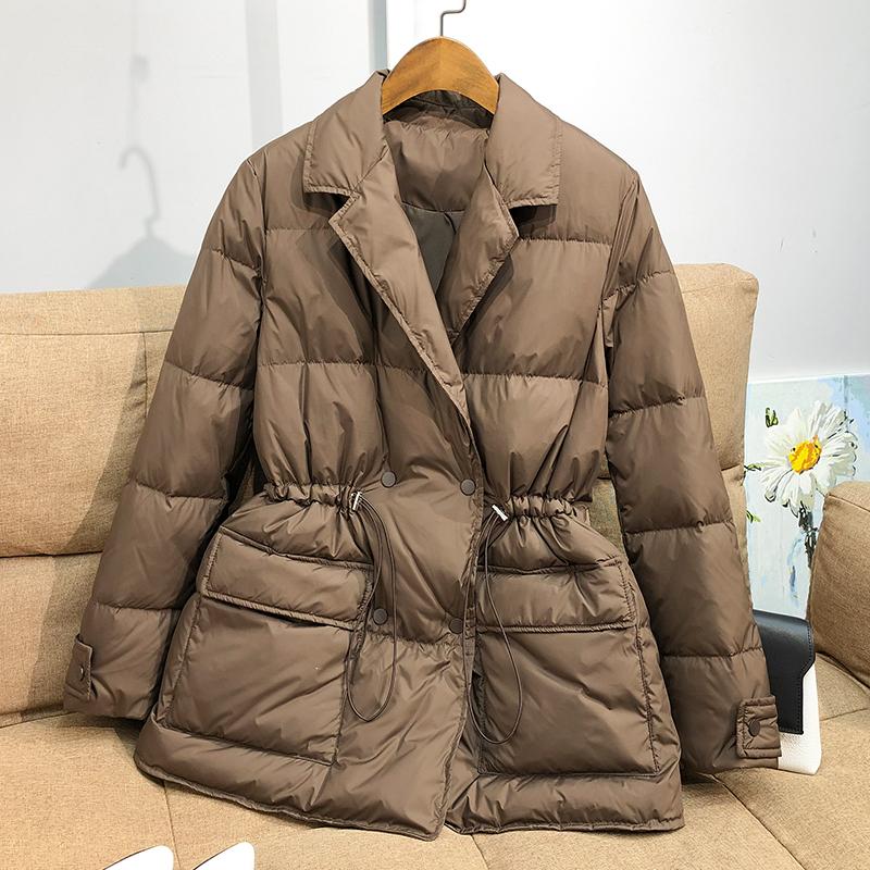 Down Jacket Winter Women White Duck Down Coat Female Notched Collar Double Breasted Coats Casual Lady Drawstring Puffer Outwear