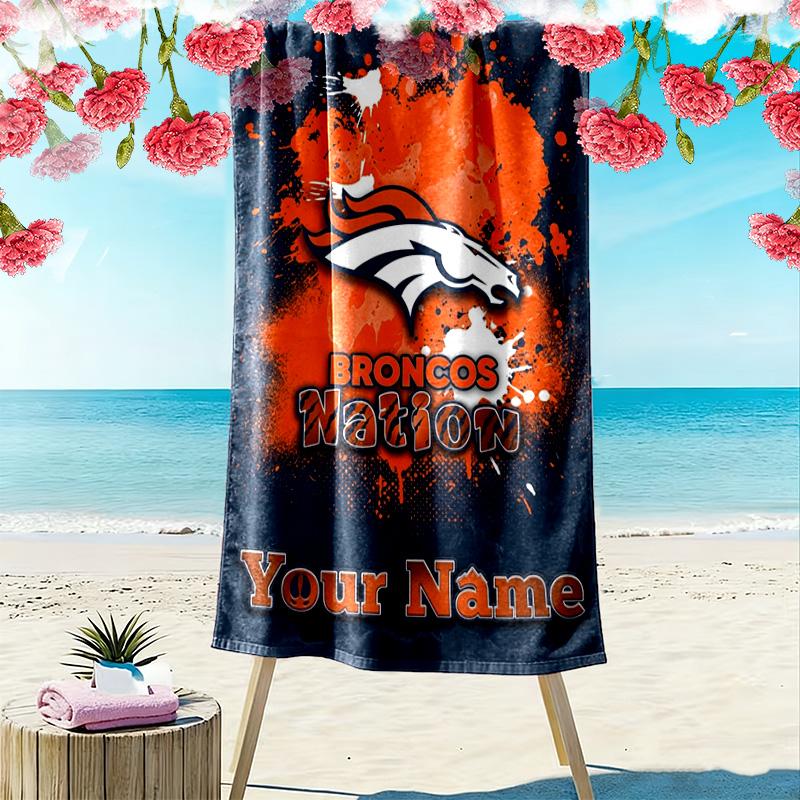 Name Custom Denver Broncos Print Beach Towel, Large Soft Quick Dry Towel for Beach Camping Swimming