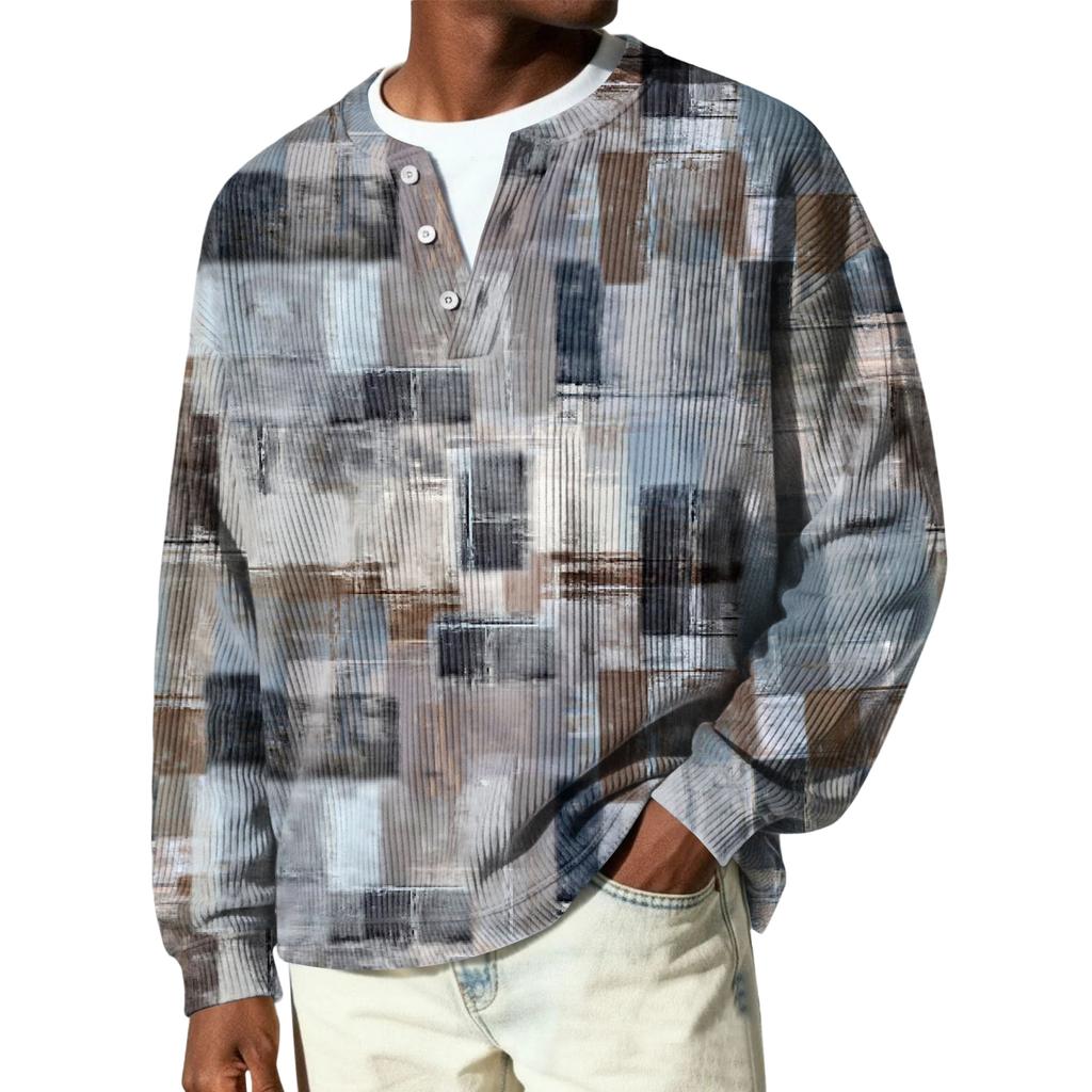 Męski sweter z dzianiny prążkowanej z długim rękawem, z kołnierzykiem zapinanym na guziki