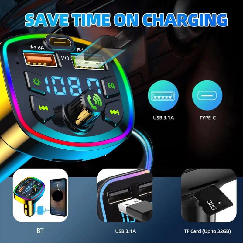 Car Bluetooth 5.0 Charger Dual USB 3.1A  PD 20W Type-C FM Transmitter Colorful Ambient Light Cigarette lighter MP3 Music Player
