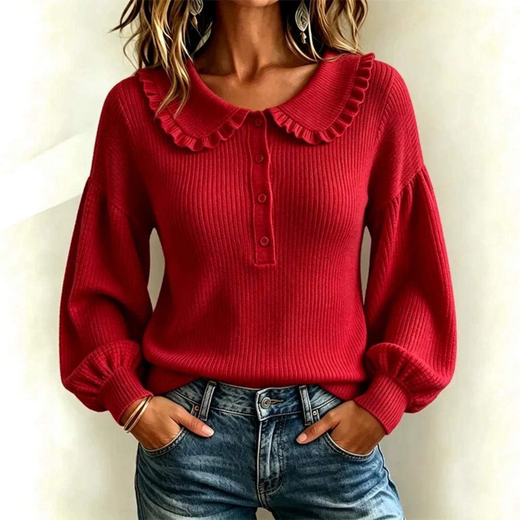 Women's Fashion Long Sleeve Knit Top with Round Neck, Button Front and Ruffle Trim