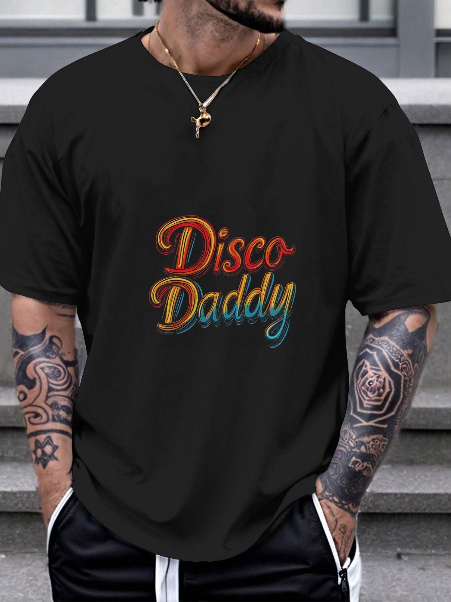 Disco Daddy Bold Vintage Graphic T-shirt - 180g Heavyweight Cotton Crew Neck Short Sleeve Tee with Retro Gradient Color Block Print M