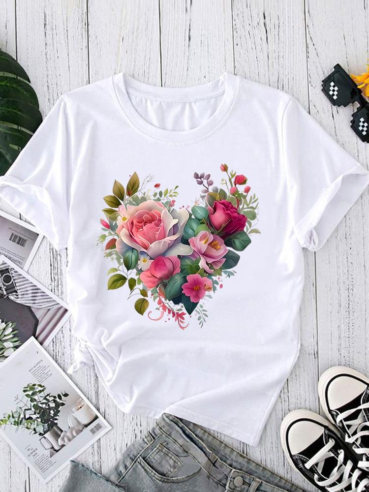 (Asian Size) Trend Love Heart Short Sleeve T-shirts Print O-neck Fashion Female Casual Women's Top T Clothing Graphic Tee