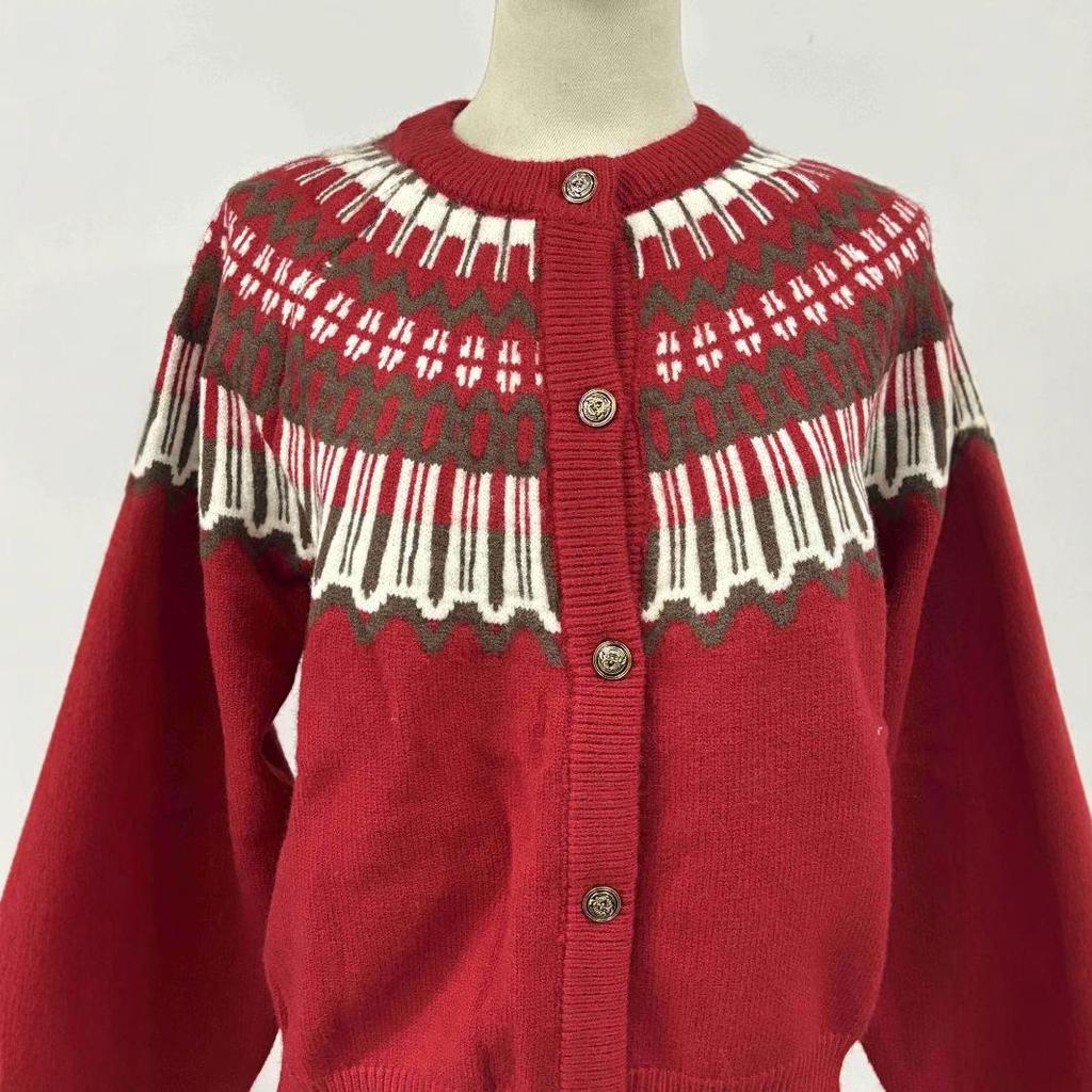 FL223433 Women's Chic Coco Style Red Cardigan for Autumn & Winter Seasons