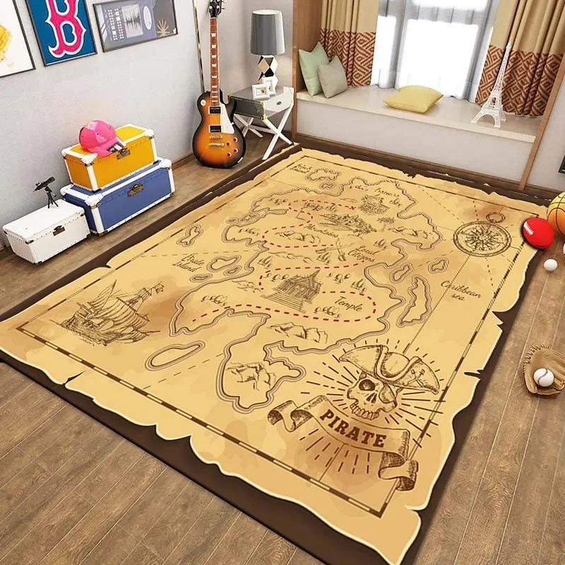Retro Treasure Map Area Rug Carpet for Living Room Bedroom Children Play Mat Sofa Home Decor Floor Mat Carpets for Living Room