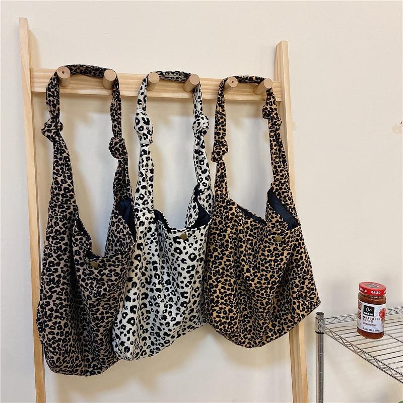 Trendy Leopard Print Buckle Oblique Span Bag Large Capacity Shoulder Shopping Bag Student Canvas Bag Women