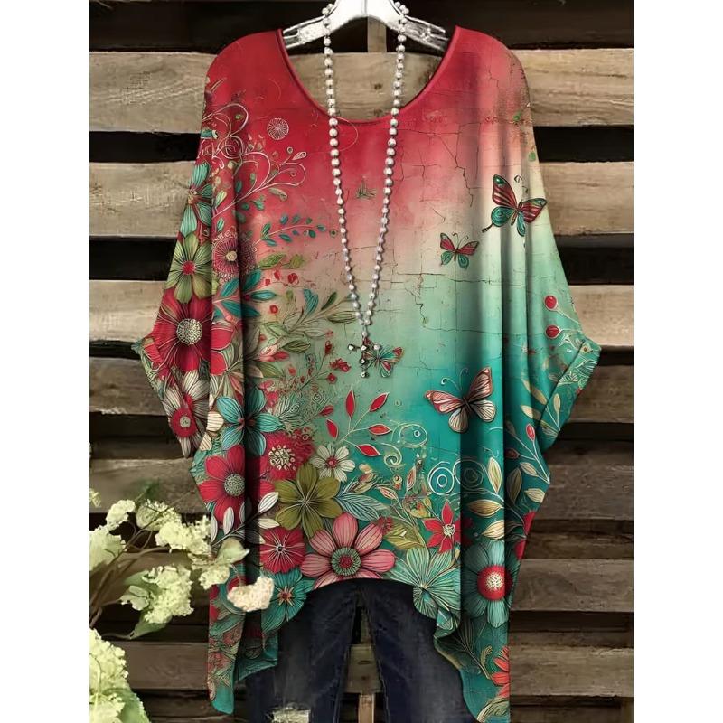 Boho Floralprint Damen T-Shirt Einfaches Vintage Unregelmäßiger Saum Rundhals T-Shirt Modische und Vielseitige Damenbekleidung