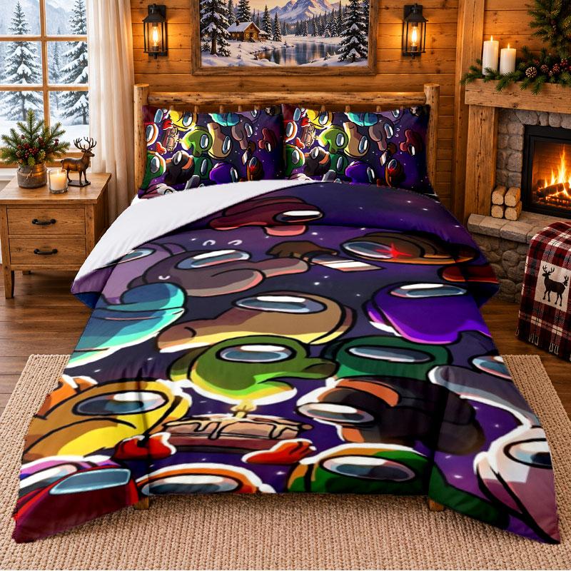 Among Us Pattern Bedding 3Pcs Set Bed Sheet And Pillowcases For Indoor Bedroom