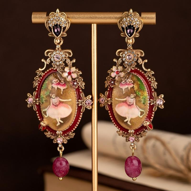 Medieval temperament versatile retro oil painting ballet girl stud earrings old flowers bee relief light luxury carved earrings