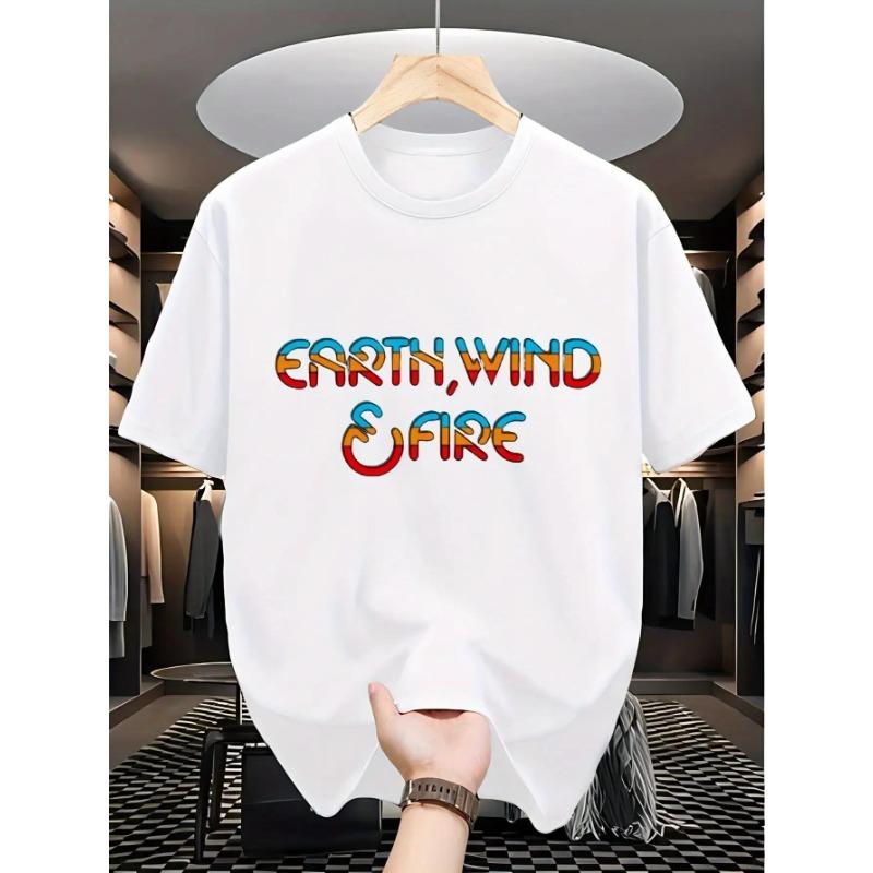 Europäische Größe Herren Übergröße Erde Wind Feuer Retro Muster T-Shirt - Schwarz 70er/80er Musikband Design, Atmungsaktives Kurzarm Freizeithemd