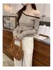 Chic Gray Striped One-Shoulder Long-Sleeve T-Shirt - Women's Autumn Korean Style Slim Fit Off-Shoulder Top