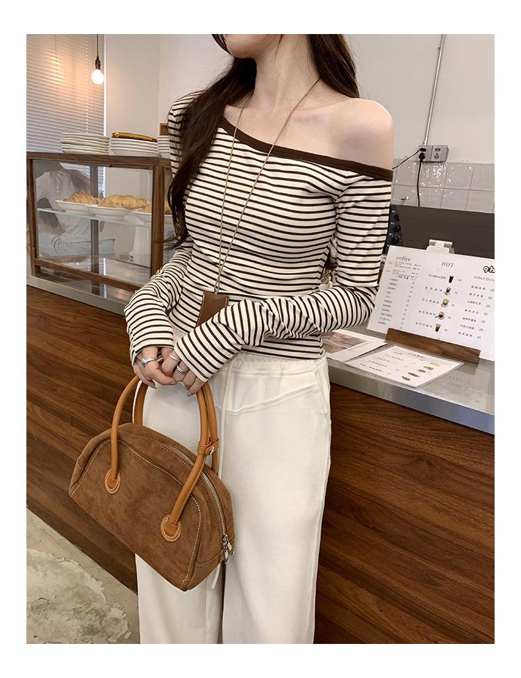 Chic Gray Striped One-Shoulder Long-Sleeve T-Shirt - Women's Autumn Korean Style Slim Fit Off-Shoulder Top