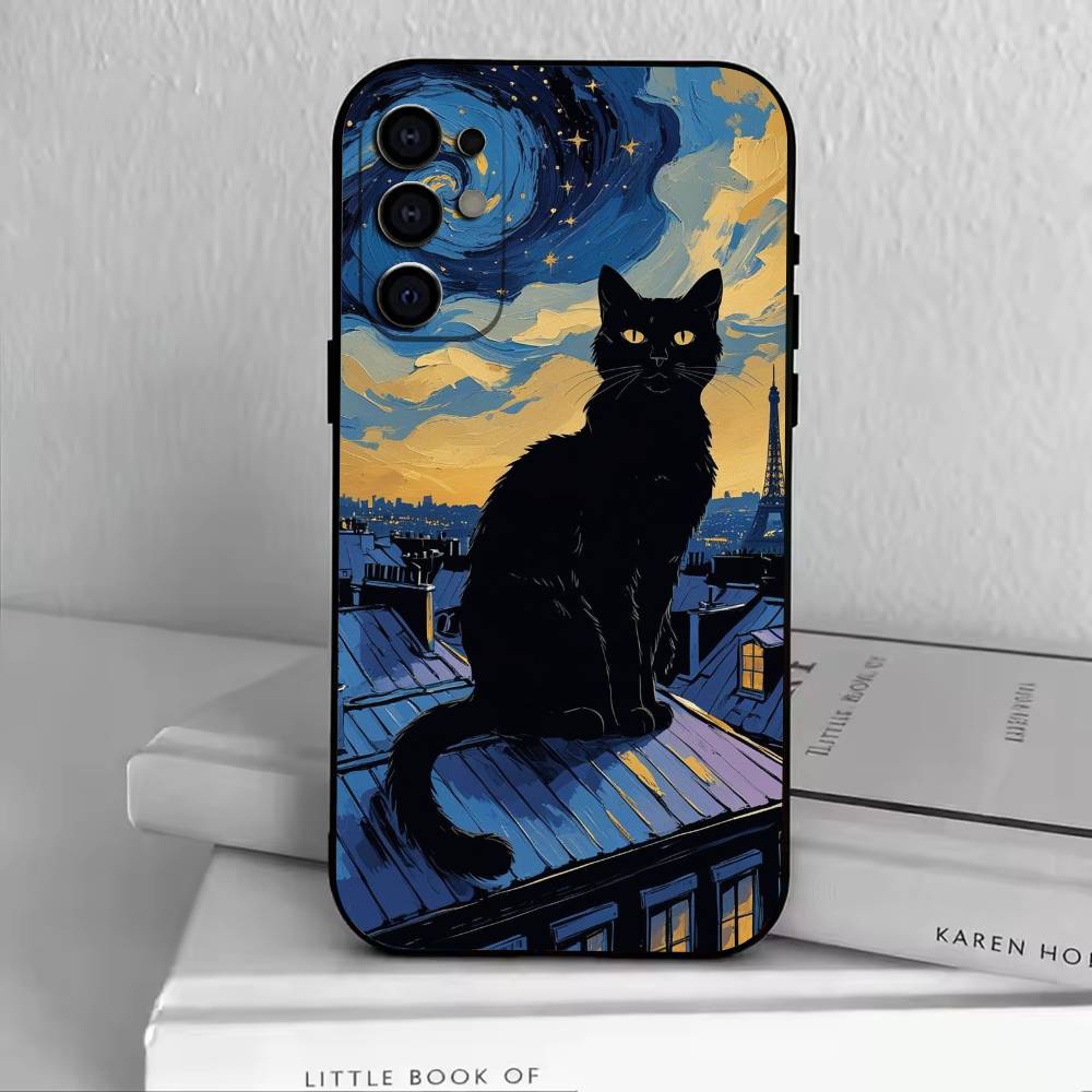

Van Gogh Chibi Cat Phone Case Black Silicone Soft For Samsung S25,S24,S21,S22,S23,S30,Ultra,S20,Plus,Fe,Lite Samsung S225G