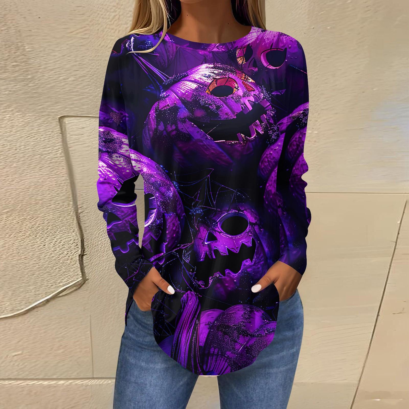 Женская свободная футболка с длинным рукавом с круглым вырезом и принтом — фото 8