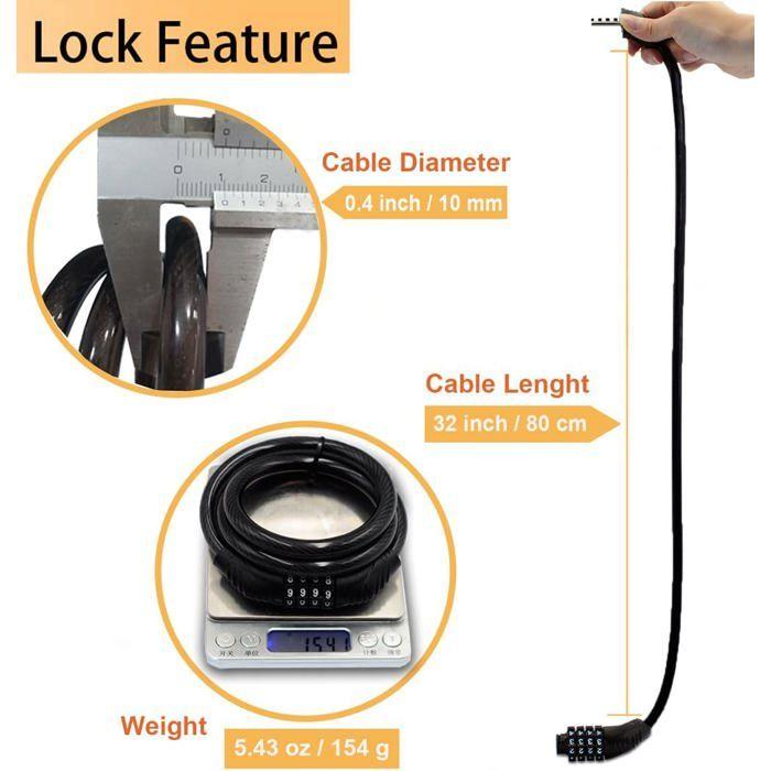 Câble antivol à 4 chiffres réinitialisable pour vélo – Antivol spiralé de 32 pouces avec revêtement en PVC pour VTT, vélo de route