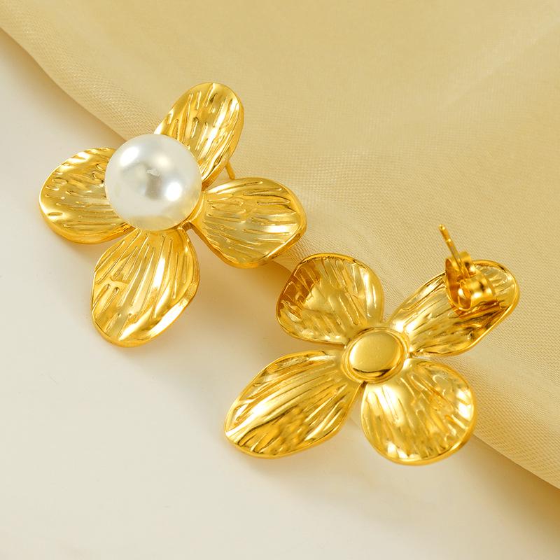 French Retro Pearl & Gold Petal Stainless Steel Earrings for Women - European & American Style