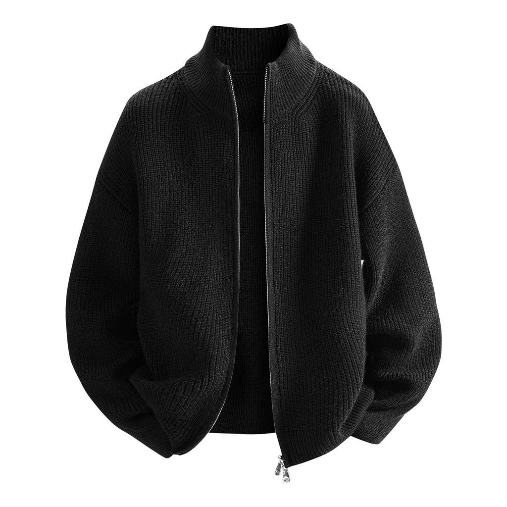 Men's Stand Collar Knitted Cardigan Sweater - Winter Trend, Loose Fit, Solid Color, Zipper Closure