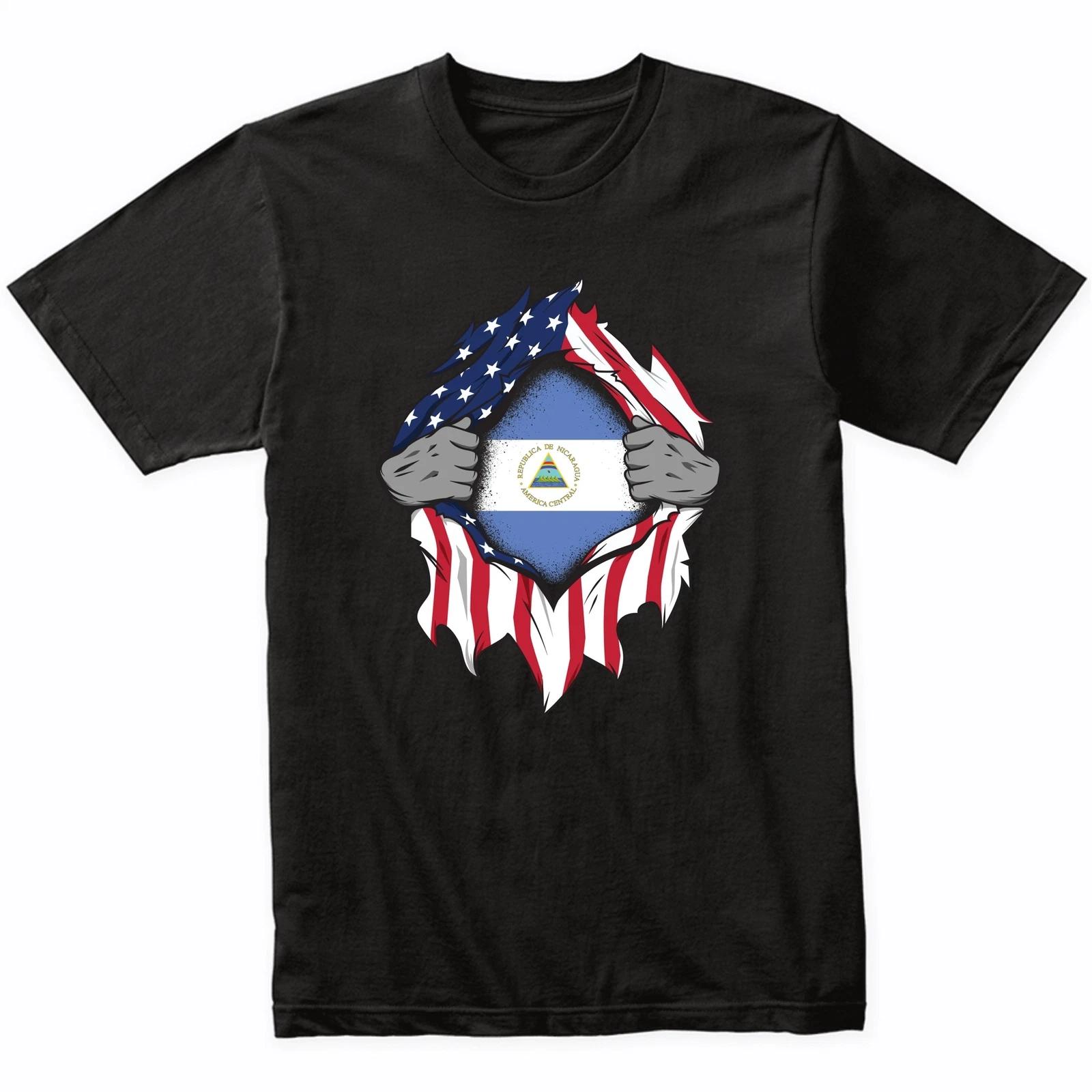 Nicaraguan American Flags Hands Ripping Flag T-Shirt - Nicaragua Flag Shirt S
