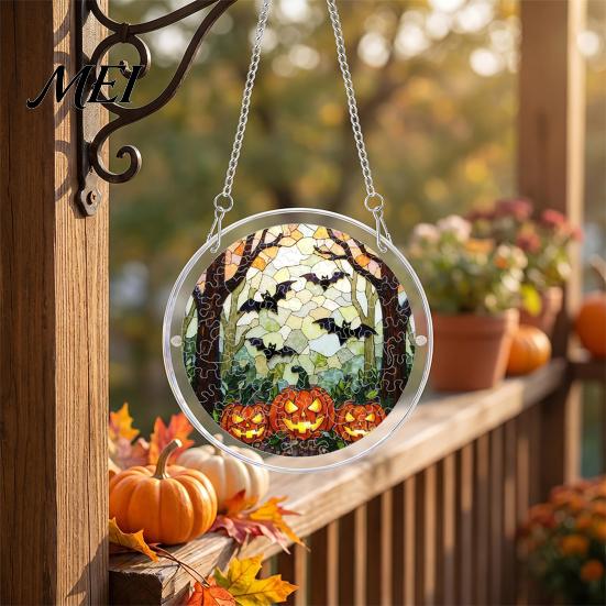 Decorative Glass Effect Pendant Halloween Acrylic Puzzle Window Suncatcher, Stained Style Hanging Ornament Retro Skeleton Pumpkin Crow with
