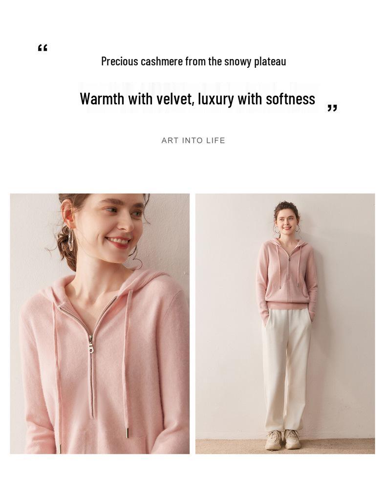 Thick Zippered Hooded Women's Cashmere Sweater - 2025 Autumn/Winter Collection: Solid Color, Elegant, Simple, Casual Wool Knit Outerwear
