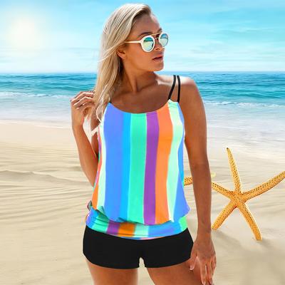Traje de baño con correa para el hombro para mujer con rayas cuadradas coloridas, bikini estampado, traje de baño corto sin mangas