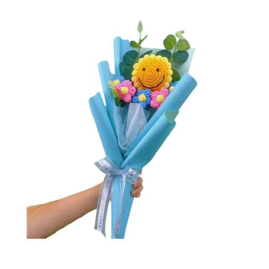 Crochet Flower Bouquet Handmade Knitted Positive Sunflower Artificial Yarn Flower Bouquet Gift for Mother's Day Valentine's Day Anniversary