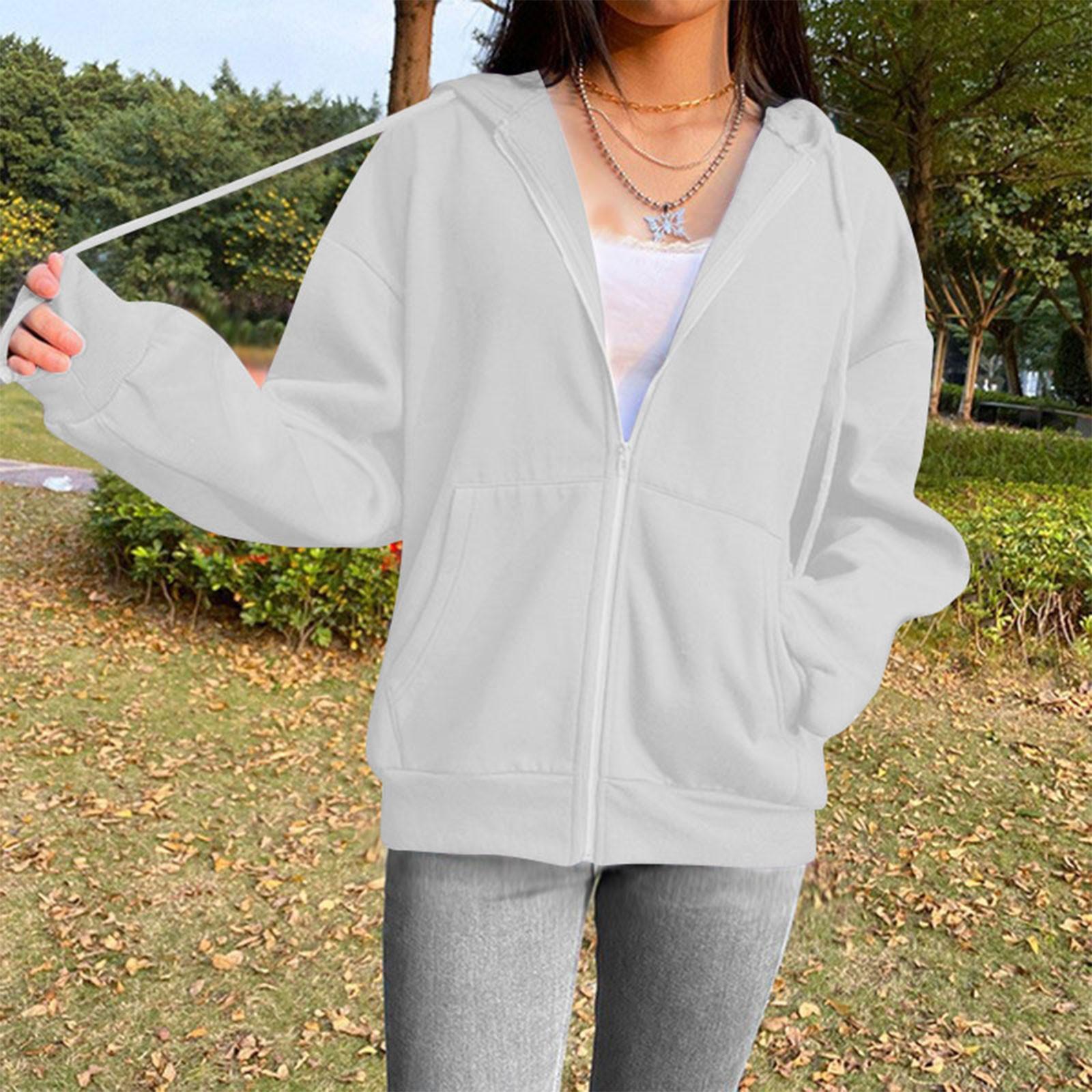 

Женская толстовка с капюшоном на молнии, негабаритная толстовка с карманом, куртки с длинными рукавами и капюшоном L белый