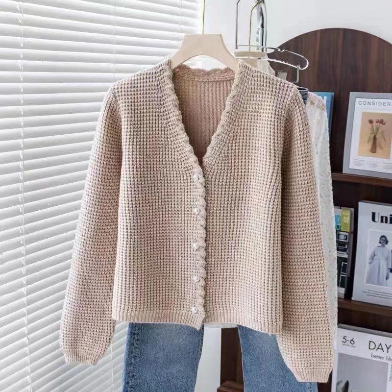 Waffle Knit Cardigan Women Spring Autumn Round Neck Versatile Sweater Fashion Top
