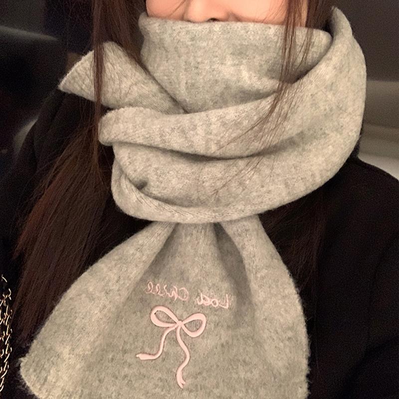 2025 Winter  College Style Imitation Cashmere Scarf Solid Color  Embroidered Bow Couple Scarf