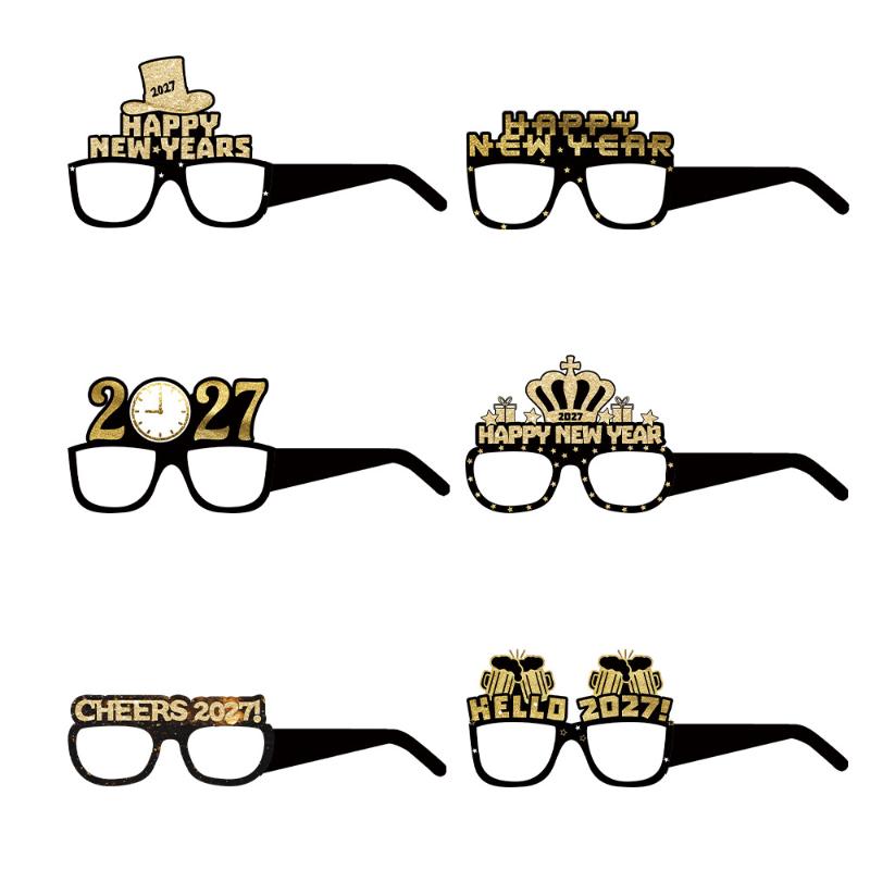 6/12/18Pcs 2027 Happy New Year Party Paper Glasses Black Gold Glitter For New Years Eve Gatherings Photo Booth Props