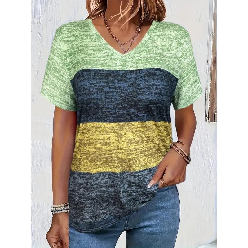 V-neck T-shirt women's short-sleeved summer fashion trend short-sleeved tops stripes versatile Oversize loose ladies clothing