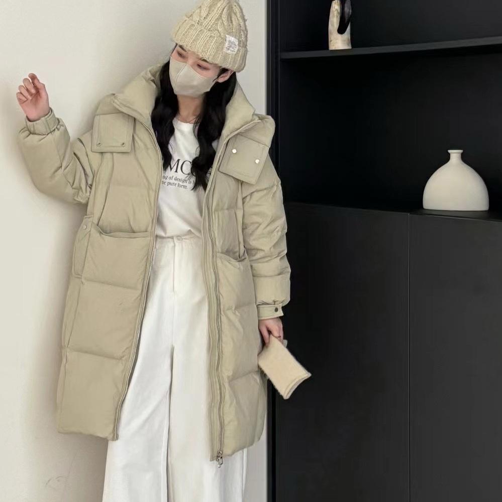 Thickened long down jacket light luxury women's winter new white duck down jacket loose straight version warm and thin jacket