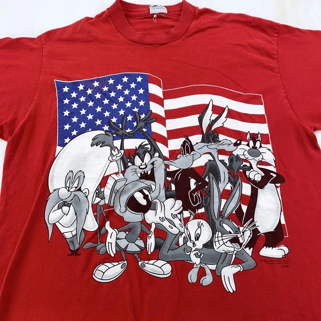 Vintage 90s LOONEY TUNES USA FLAG T-Shirt LARGE/XL Taz Yosemite Sam Cartoon