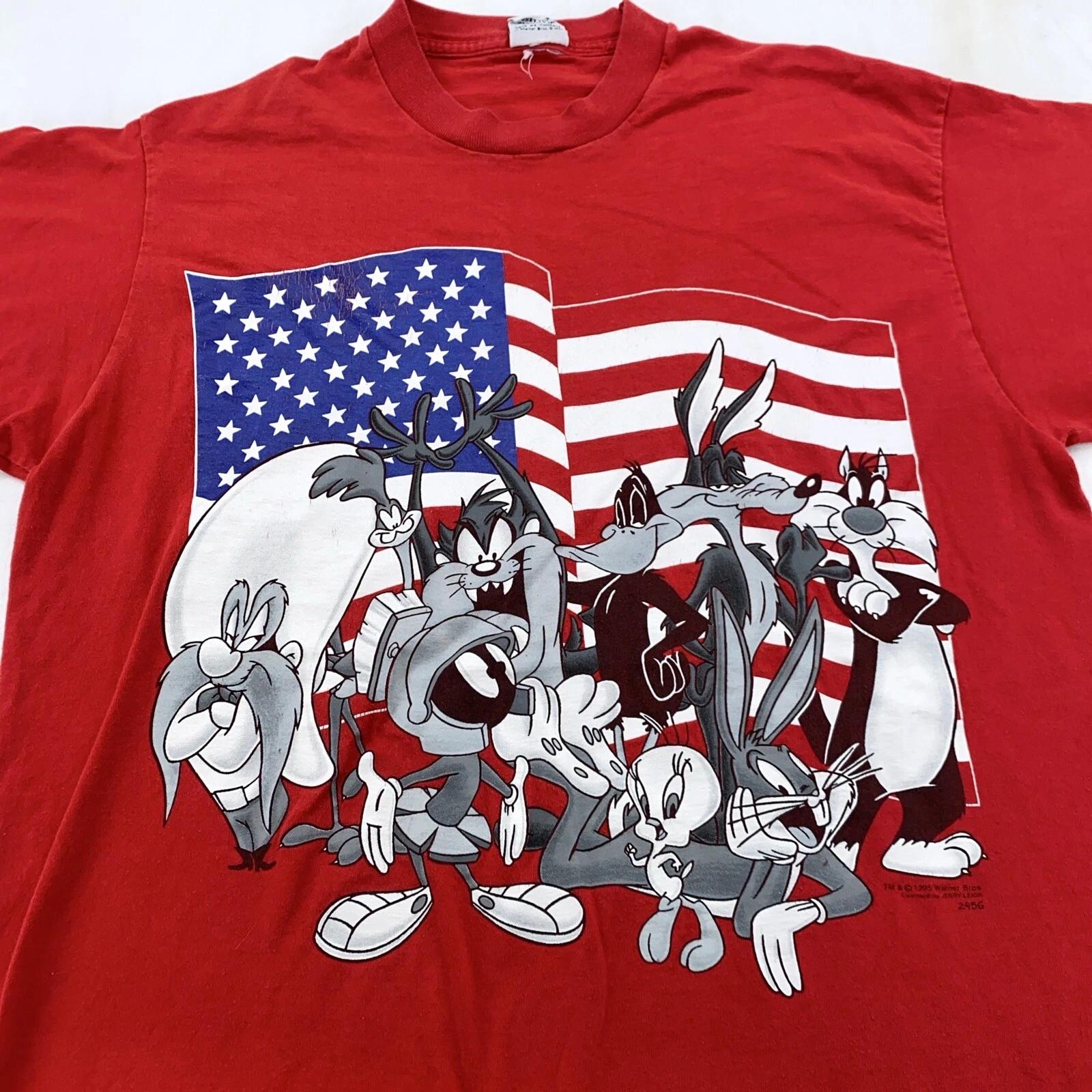 vintage 90s LOONEY TUNES USA FLAG T-Shirt LARGE/XL taz yosemite sam cartoon M