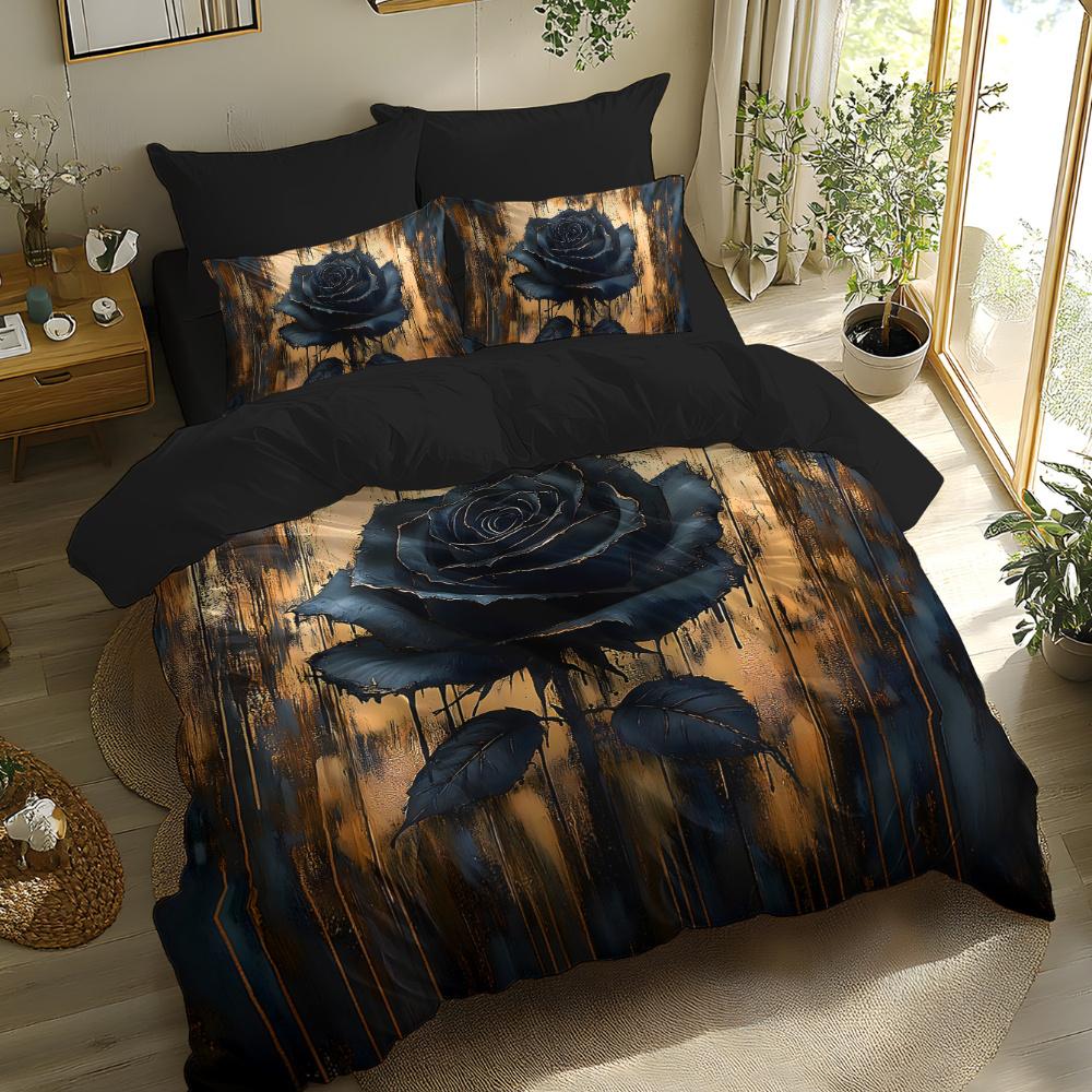 Black All-Polyester Printed Duvet Cover Bedding Set with Retro Luxury Rose Floral Design Theme 1*Duvet Cover + 1/2 Pillowcases
