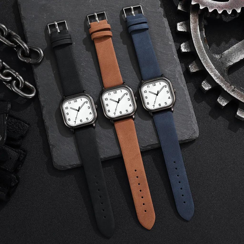 1/3PCS Men Fashion Business Watches Square Arabic Dial Quartz Watch Casual Leather Band Wristwatch for Men Clock (Without Box)
