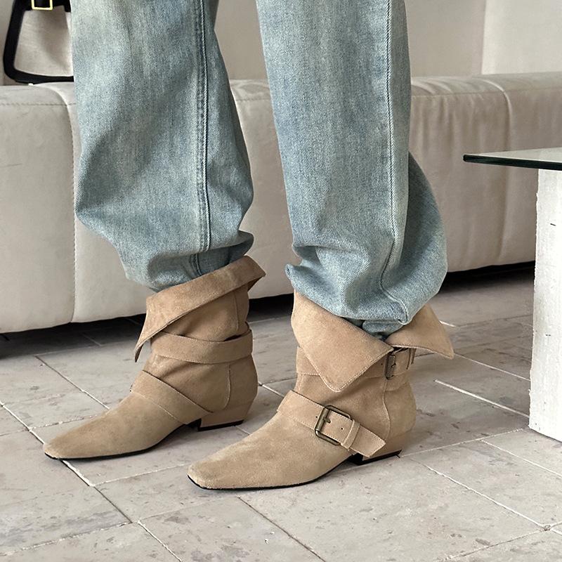 Wind Cow Anti-Velvet Fashion Boots Temperament Square Head Belt Buckle Sleeve Medium Heel Thick Heel Short Boots Large Size Boots
